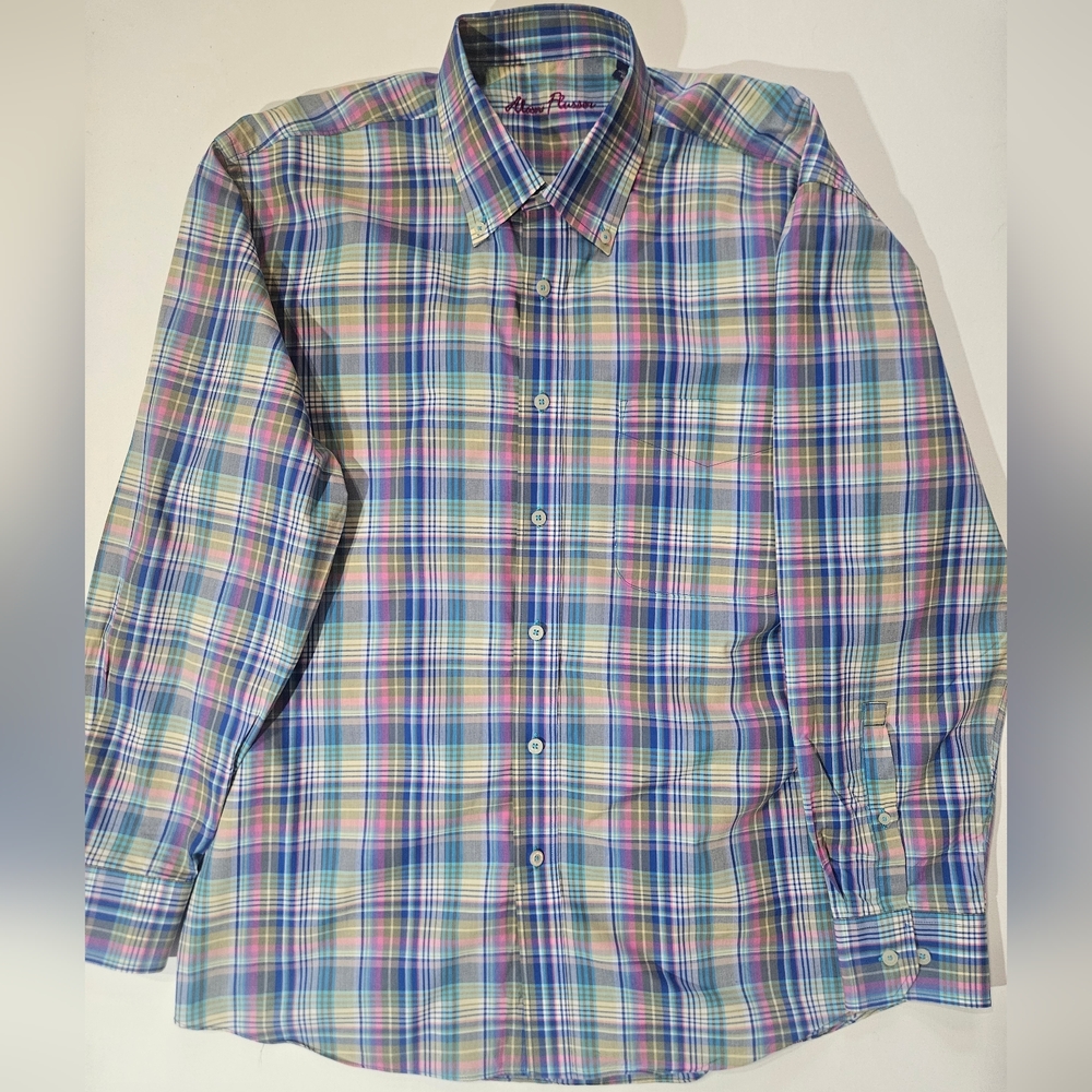 Alan Flusser Button Down Shirt Mens Large Blue Green Pink Plaid Business Casual